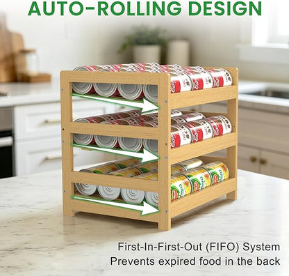Bamboo Rolling Can Organizer for Pantry, Stackable 3 Tier Canned Food Storage Rack for Kitchen Can Storage Organizer Set with Can Opener & Hooks for Cabinet & Countertop, Holds up to 36 Cans