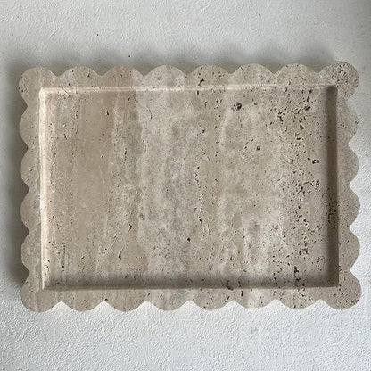 Natural Scalloped Marble Tray, 10.7"x7.87", Rectangle for Bathroom & Kitchen, Decorative for Dresser (Beige Travertine)
