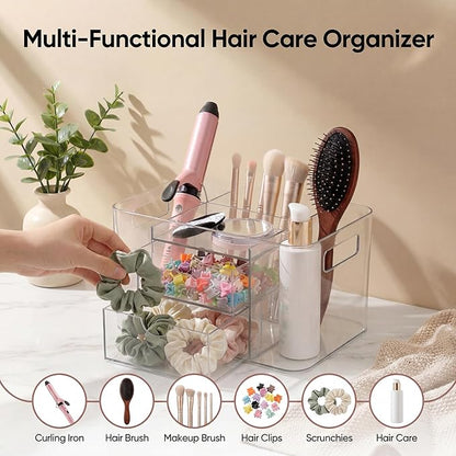 Hair Accessories Organizer for Girls & Women, 2-Drawer Clear Plastic Hair Brush Holder with 3 Compartments, Vanity Countertop Makeup Organizer for Hair Ties, Clips & Bobby Pins