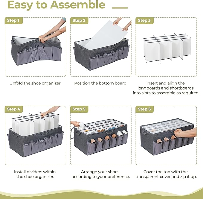 Extra Large Shoe Organizer for Closet, Fits up to 28 Pairs, Fabric Shoe Box Storage Containers with Adjustable Dividers and Clear Cover, Grey, 1 Pack