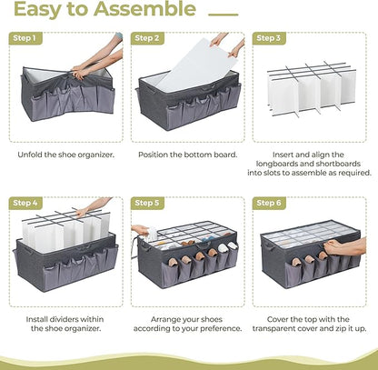 Extra Large Shoe Organizer for Closet, Fits up to 28 Pairs, Fabric Shoe Box Storage Containers with Adjustable Dividers and Clear Cover, Grey, 1 Pack