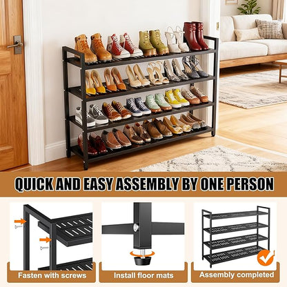 4-Tier Shoe Rack, Large Capacity Metal Free Standing Shoes Rack, Sturdy and Durable Shoe Organizer, Shoe Shelf for Closet, Entryway, Bedroom, for 24-28 Pairs, 42.1" W x 9.8" D x 27.6" H, Black
