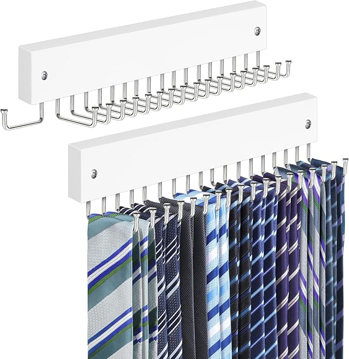 Tie Rack Belt Hanger Wall Mounted, Lomrsiul Non Slip 180 Degree Rotating Tie Organizer for Men Closet with 18 Hooks Closet Organizers and Storage for Tie Belt Necklace Purse Scarf Bag White 2 Pack