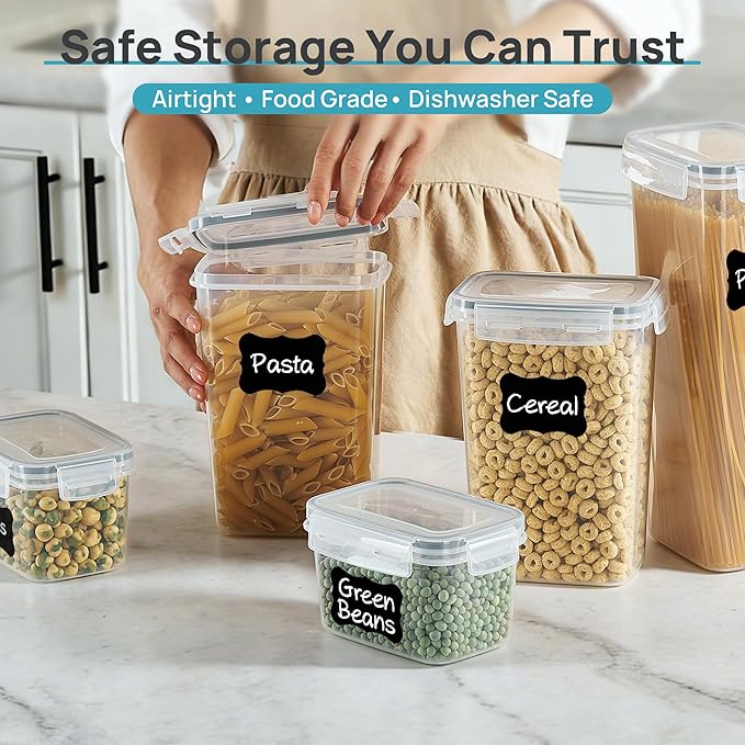 Vtopmart Airtight Food Storage Containers with Lids, 24 pcs Plastic Kitchen and Pantry Organization Canisters for Cereal, Dry Food, Flour and Sugar, BPA Free, Includes 24 Labels，Gray