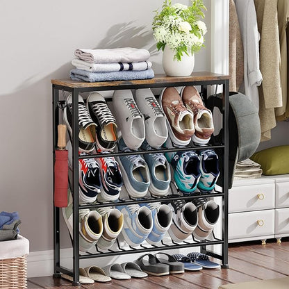 Narrow Shoe Rack, 4 Tier Slanted Metal Shoe Organizer for Small Space, Bench Shoe Storage Shelf for Entryway, Closet, Rustic Brown
