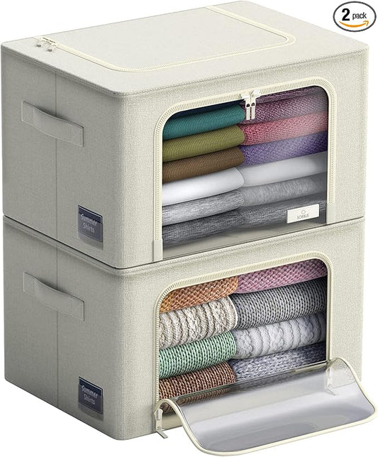Sorbus Storage Bins with Metal Frame - Stackable & Foldable Clothes Organizer Bags - Oxford Fabric Storage Containers with Large Clear Window & Carry Handles Organization for Bedding Linen & Clothing