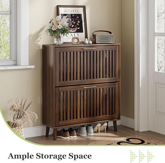 Shoe Cabinet, Shoe Storage Cabinet with Louvered 2 Flip Drawers, Narrow Shoe Cabinet Storage for Entryway, Freestanding Shoe Organizer Cabinet with Golden Handles, Slim Shoe Rack Cabinet (Walnut)