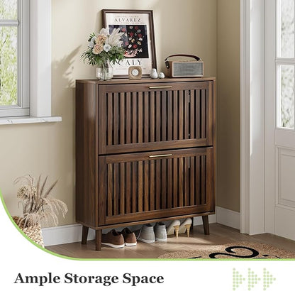Shoe Cabinet, Shoe Storage Cabinet with Louvered 2 Flip Drawers, Narrow Shoe Cabinet Storage for Entryway, Freestanding Shoe Organizer Cabinet with Golden Handles, Slim Shoe Rack Cabinet (Walnut)