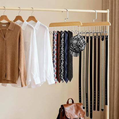 2 Pack Belt Hanger for Closet, Wooden Tie Racks Hangers with Upgraded 360° Rotating, Space-Saving Belt Organizer with 8 Hooks, Closet Storage for Tank Top, Bra, Scarf, Hat