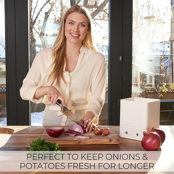 ZICOTO Beautiful Potato and Onion Storage Container Set, 10.1" & 8.9" - Perfectly Sized Spacious Canisters For Your Kitchen Counter Or Pantry - Food Safe Metal Bins Keep Produce Fresh Longer
