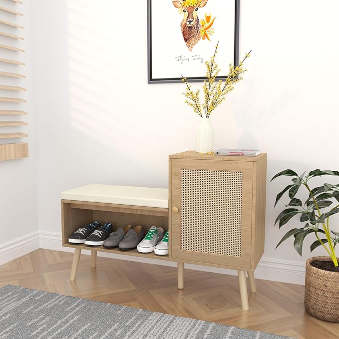 2-in-1 Shoe Storage Bench, Rattan Shoe Cabinet with 2 Adjustable Shelves and Removable Seat Cushion, Modern Entryway Bench, Shoe Storage Organizer, Shoe Rack for Hallway, Bedroom