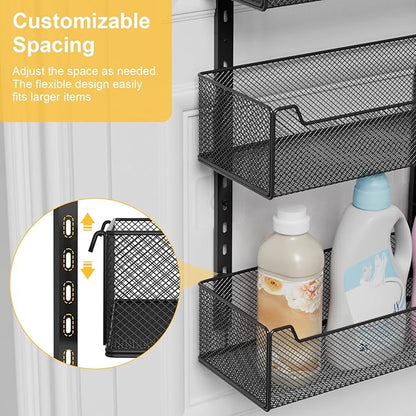 VyGrow Over the Door Organizer, 8-Tier Pantry Organizer with Fully Enclosed Mesh Baskets, Heavy-Duty Metal Hanging Spice Rack for Kitchen Bathroom Laundry Room, 2-in-1 Wall Mount or Door Mount, Black