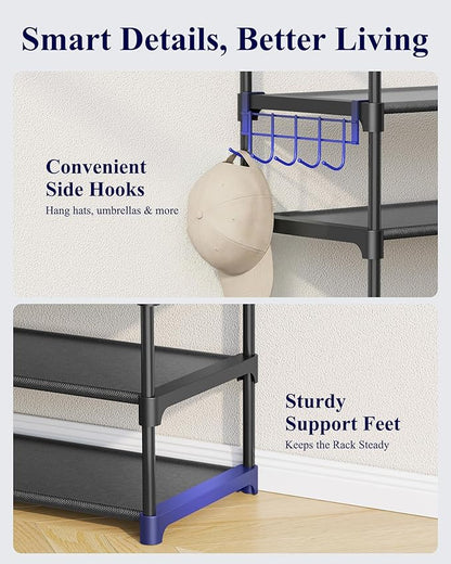 Kitsure Shoe Rack for Closet - 10-Tier Shoe Organizer with Hook Rack, Large-Capacity & Space-Saving Shoe Shelf for Entryway, Bedroom, Living Room,32.2" x 11.8" x 68.5", Black