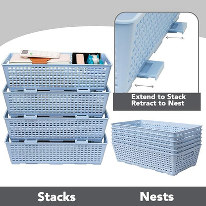 Tiawudi Stackable Woven Plastic Basket, Storage Bins for Cabinet, Closet, Shelf, Under Sink and Countertop, Pantry Organizer Bins, 6 Pack
