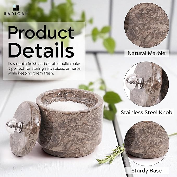 Radicaln Marble Salt Cellar with Lid 3" Oceanic Handmade Salt Box & Spice Jar for Kitchen Counter, Ideal Salt Holder, Sugar Bowl & Salt Dish, Salt Container For Housewarming Gift & Kitchen Decor