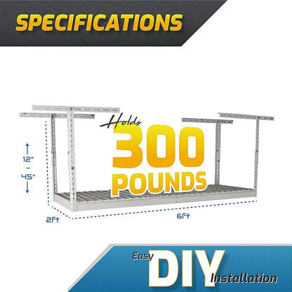 MonsterRax Overhead Garage Storage Rack 2 x 6 Ceiling Rack for Garage Shelving, Organization, & Storage, Adjustable Hanging Storage for Bikes, Equipment & Bins (White, 18"- 33" Ceiling Drop)