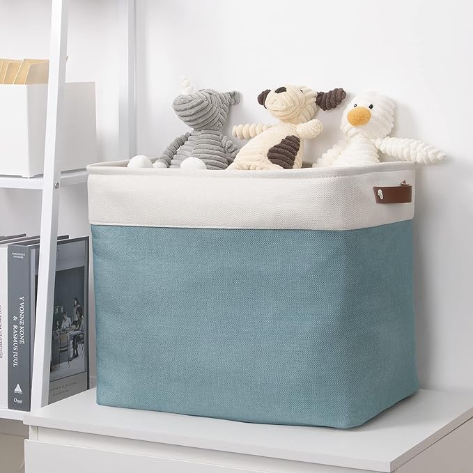 DULLEMELO Large Collapsible Storage Basket/Bin with Sturdy Leather Handles, Fabric Organizer Bin for Storage Clothes, Toys, Books, Office, Bedroom, Closet, Nursery & Laundry (White&Teal)