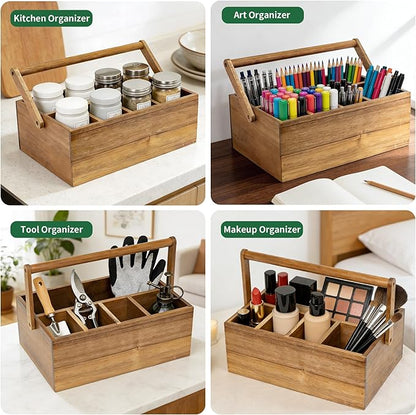 VaeFae Acacia Silverware Caddy with Handle, Wooden Utensil Holder, Mulip-pose Organizer for Kitchen, Office, Bathroom, Bedroom (Large, 5 compartments)