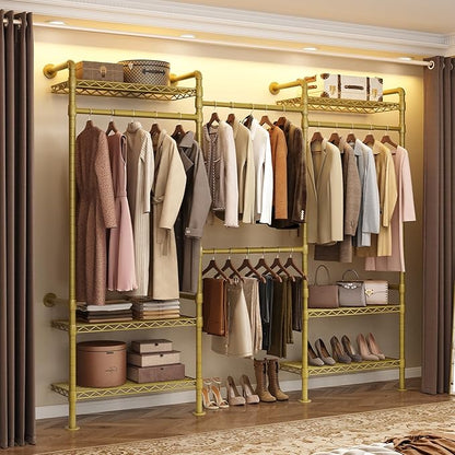 Wall-Mounted 3-Section Closet System, Expandable Industrial Pipe Clothing Rack with 4 Telescopic Rods & 6 Mesh Shelves, Heavy Duty Garment Organizer for Walk-In Closets & Bedrooms, Gold
