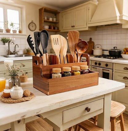 Kitchen Utensil Holder for Countertop with 4 Compartments Acacia Large Utensil Holder Wooden Storage for Cooking,Baking,Flatware Tool Kitchen Utensil Organizer. ﻿.
