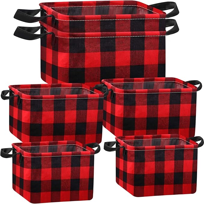 Boao 6 Pcs Buffalo Plaid Basket Square Storage Basket Buffalo Check Basket Bin Solid Storage Organizer with Handles Collapsible Square Organizer for Home Office (Red, Black, Plaid Style)