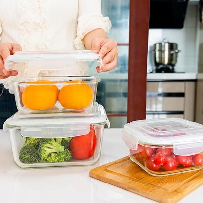 Razab 6 PC Square Glass Food Storage Containers with Airtight lids (74, 40 & 18 oz) Kitchen Glass Meal Prep Containers Set for Freezer Reusable Leftover Lunch Boxes, Oven, Microwave, Dishwasher Safe