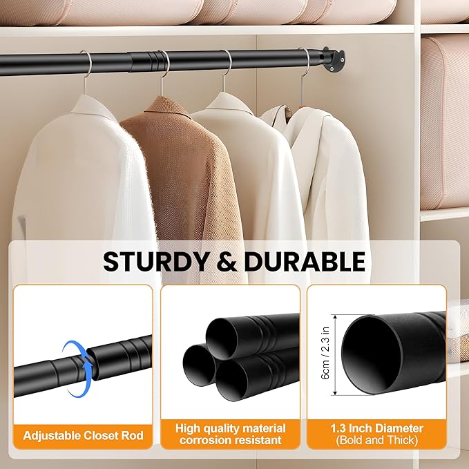 Adjustable Closet Rod - 17 to 84 Inch Heavy Duty Tension Rod for Hanging Clothes, Black Curtain Rod Ideal for Closets, Wardrobes, Bathrooms, and Laundry Rooms (17-57IN)