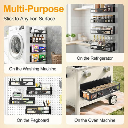 Magnetic Spice Rack for Refrigerator, 4-Pack Metal Seasoning Organizer for Kitchen Storage Organization, Magnetic Shelf for Fridge Space Saving Spice Organizer, Black