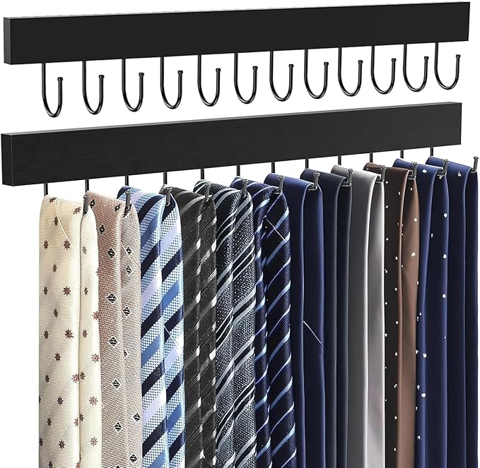 Belt Hanger Wall Mount 2 Pack, Wooden Closet Belt Organizer with 24 Swivel Metal Hooks, Adhesive or Drill Installation, Space Saving Rack for Belts, Ties, Scarves, Camisoles, Tank Tops, Black