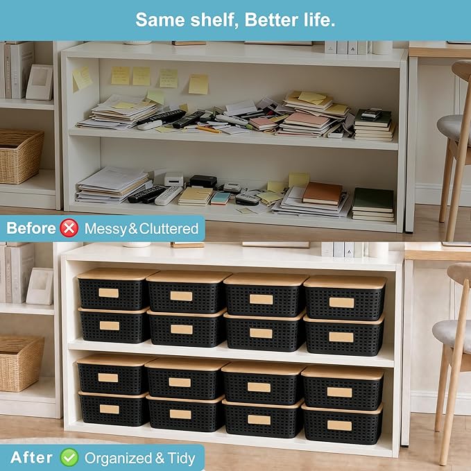 Bagnizer 4 Pack Plastic Storage Bins with Bamboo Lids, 6.2qt Stackable Storage Organizer Box with Lable for Pantry Shelves Drawers Desktop Office, 12"L x 8.3"W x 3.5"H, Black