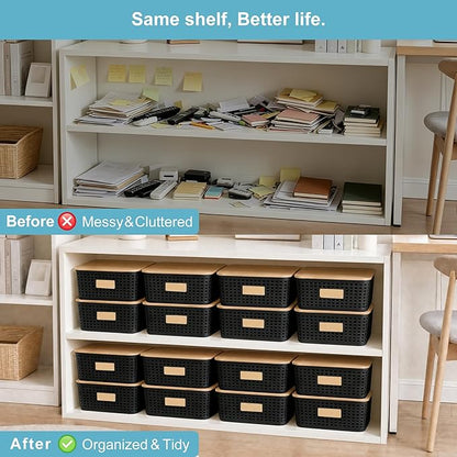 Bagnizer 4 Pack Plastic Storage Bins with Bamboo Lids, 6.2qt Stackable Storage Organizer Box with Lable for Pantry Shelves Drawers Desktop Office, 12"L x 8.3"W x 3.5"H, Black