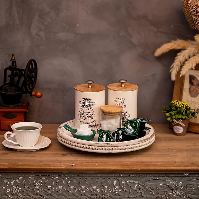 Lazy Susan Organizer Wooden Turntable: Hanobe White Round Wood Trays 12" for Decorative Kitchen Counter Coffee Table Home Decor with Beaded Spice Spinner