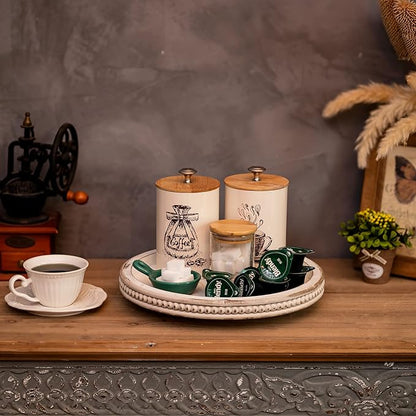 Lazy Susan Organizer Wooden Turntable: Hanobe White Round Wood Trays 12" for Decorative Kitchen Counter Coffee Table Home Decor with Beaded Spice Spinner