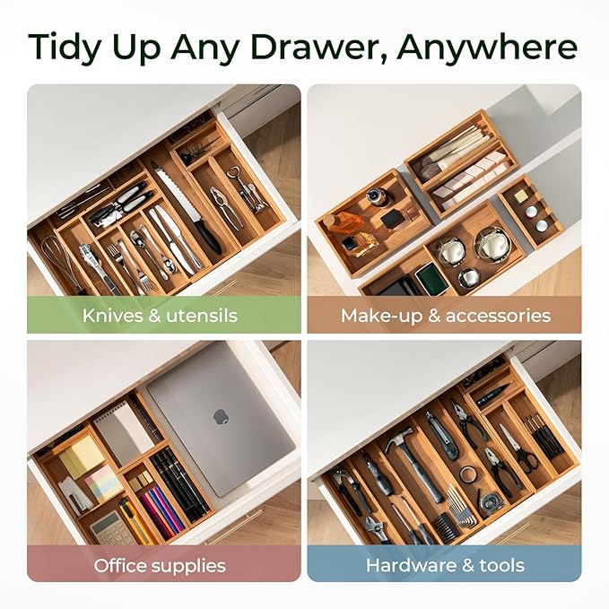 keechee 6-Piece Bamboo Drawer Organizer Set, 2.2" Deep Multi-Use Organizers for Utensils, Silverware, Cutlery, Desk, Bathroom, Junk Drawer & Makeup, Non-Slip Feet Included.