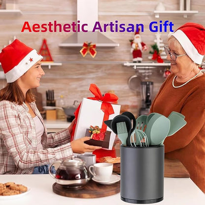 LIBODOUR Kitchen Utensil Holder Extra Large 360°Rotating For Counter Organizer Stainless Steel Storage Cooking Silverware Caddy 3 Compartment Flatware Spoon Spatula Tool Cutlery Container(Grey)