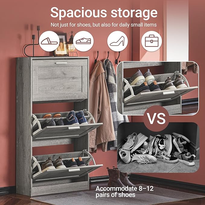 Haotian Shoe Storage Cabinet Entryway, Freestanding Shoe Cabinet with 3 Flip-Drawers Fully Enclosed Tall Shoe Rack Shoe Organizer, Grey, FSR137-L-HG
