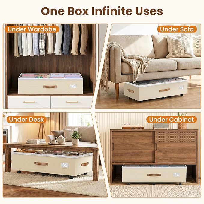 Budding Joy Under Bed Storage with Wheels 2Pack, 80L Height Adjustable Underbed Containers with Clear Lids, Rolling Under Bed Shoe Storage Organizer for Dorm Home Clothes, Blankets, Toys, Beige