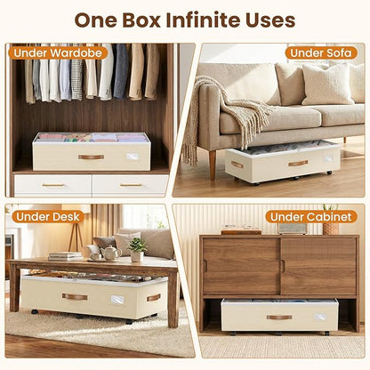 Budding Joy Under Bed Storage with Wheels 2Pack, 80L Height Adjustable Underbed Containers with Clear Lids, Rolling Under Bed Shoe Storage Organizer for Dorm Home Clothes, Blankets, Toys, Beige