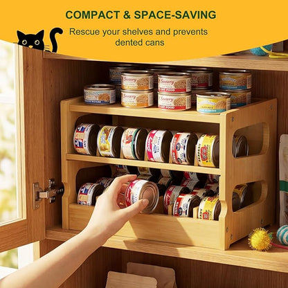 Bamboo Cat Food Can Organizer, Holds 36 (3oz) Cans, Cat Wet Food Storage Rack, Rolling Cat Food Can Dispenser for Pantry