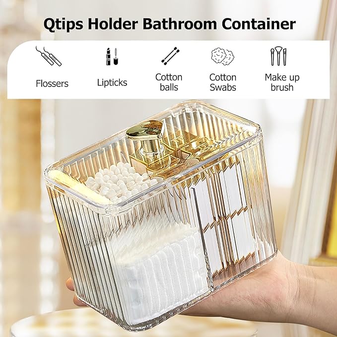 Qtips Holder Bathroom Container, 3-Section Cotton Buds Ball Dispenser, Clear Bathroom Organizer Jar, Cosmetics Storage for Vanity