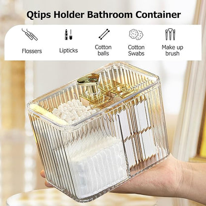 Qtips Holder Bathroom Container, 3-Section Cotton Buds Ball Dispenser, Clear Bathroom Organizer Jar, Cosmetics Storage for Vanity