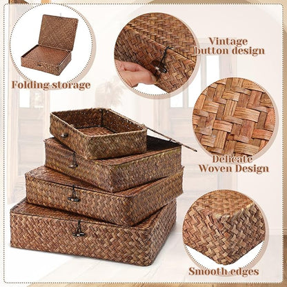 Didaey Set of 4 Seagrass Basket with Lid Wicker Storage Basket Decorative Storage Boxes with Lids Flat Storage Bins Woven Organizer Baskets for Shelf Closet Bedroom, 4 Sizes (Dark Brown)