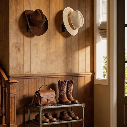Horseshoe Cowboy Hat Holder for Wall – Rustic Wooden Western Hat Rack, Wall Mounted Hat Organizer for Cowboy Hats, Fedora, Baseball Caps – Farmhouse Entryway Closet Decor (Black)