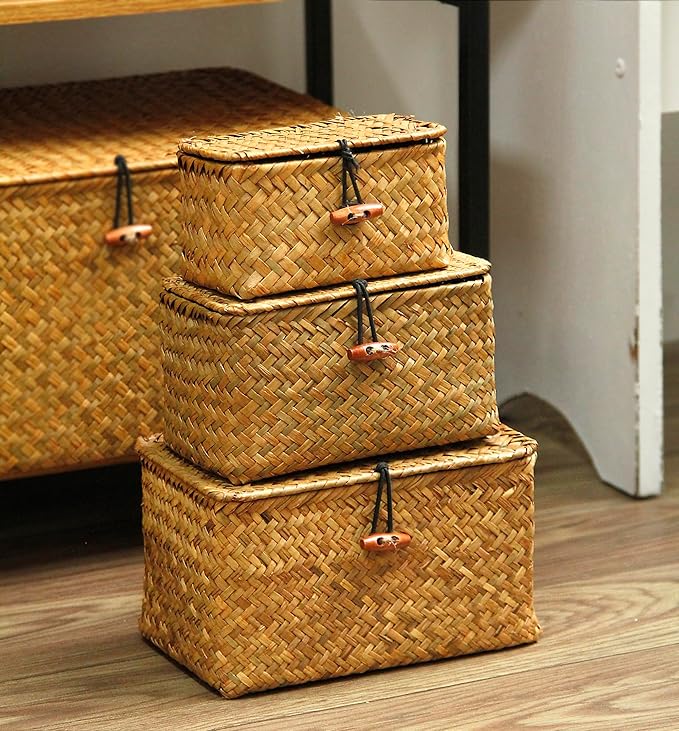 FEILANDUO Shelf Baskets with Lid Set of 3 Handwoven Seagrass Storage Box Wicker Basket Desktop Makeup Organizer Multipurpose Container (Original (S/M/L)
