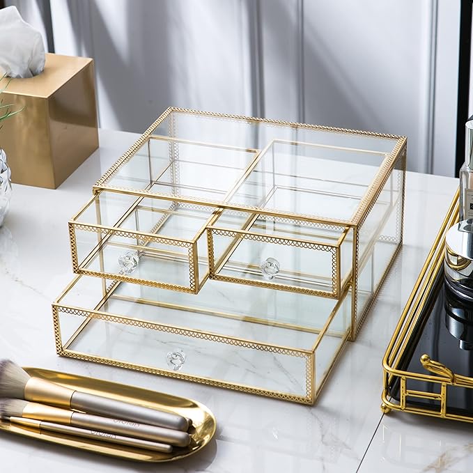 Vellon Gold Glass Box Makeup Organizer, Glass Jewelry Drawer, Vintage Jewel Organizer, Desktop Cosmetic Storage, Makeup Container, Keepsake Case with Golden Lace Decoration, 2 Tiers