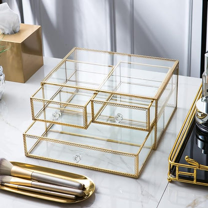Vellon Gold Glass Box Makeup Organizer, Glass Jewelry Drawer, Vintage Jewel Organizer, Desktop Cosmetic Storage, Makeup Container, Keepsake Case with Golden Lace Decoration, 2 Tiers