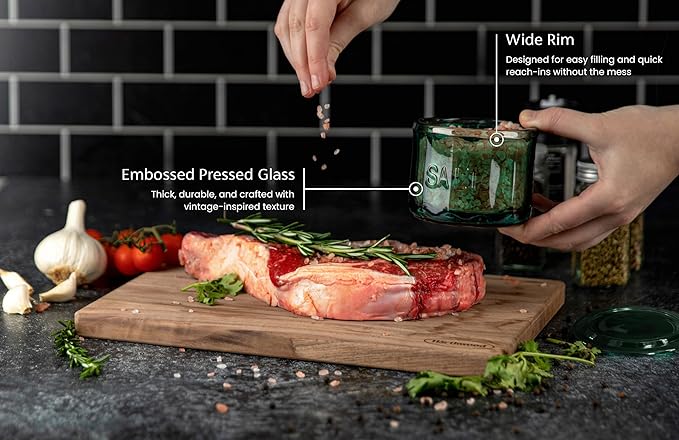 KooK Glass Salt Cellar, with Lid, Embossed Pressed Glass, Clear Storage Container, for Coffee, Sugar, Spices and Candies, 10 oz (Emerald Green)