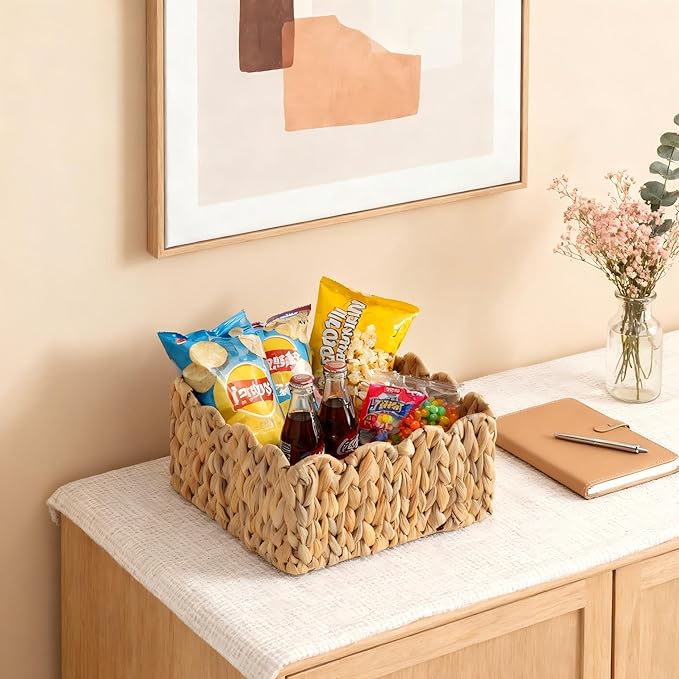 Scalloped Basket, Wicker Storage Baskets, Hand Woven Baskets for Shelves,Natural Baskets for Organizing (Water Hyacinth(S-9.5" L x 9.5" W x 5.5" H))