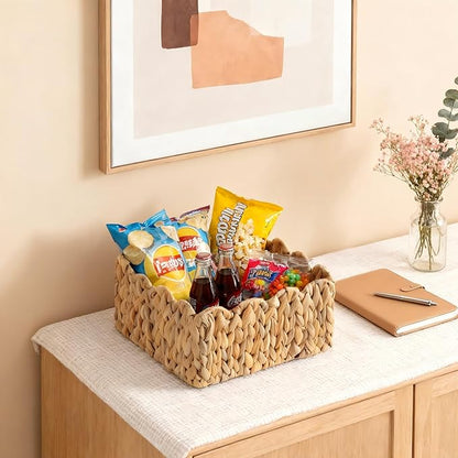 Scalloped Basket, Wicker Storage Baskets, Hand Woven Baskets for Shelves,Natural Baskets for Organizing (Water Hyacinth(S-9.5" L x 9.5" W x 5.5" H))
