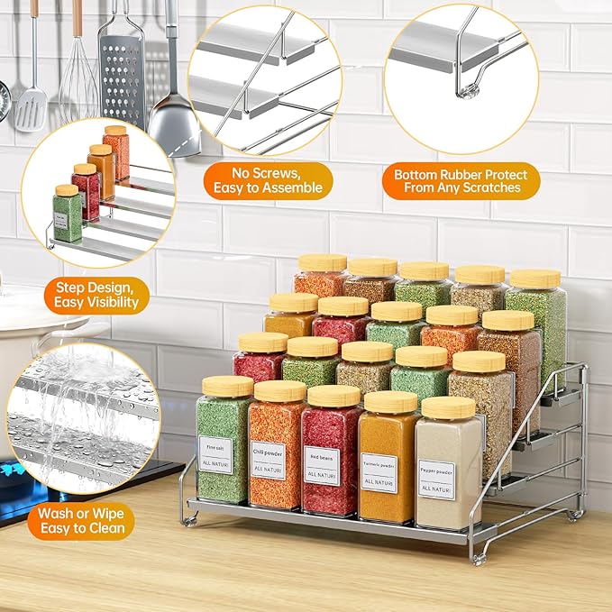 RCHYFEED 2 Pack 4 Tier Adjustable Spice Rack Organizer, Foldable Chrome Vertical Spice Organizer for Cabinet & Countertop, Space Saving Storage Shelf for Kitchen Pantry Bathroom